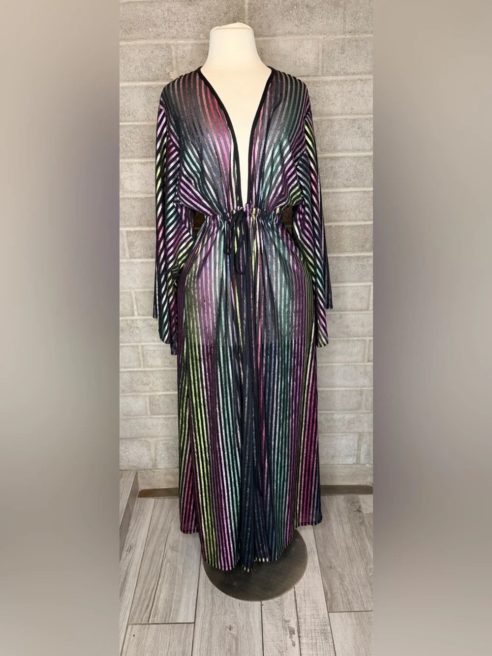 TAMO Design L Metallic Rainbow Stripe Sheer Maxi Duster Kimono Festival